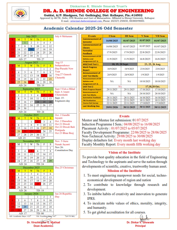Department Academic Calendar 2025-26